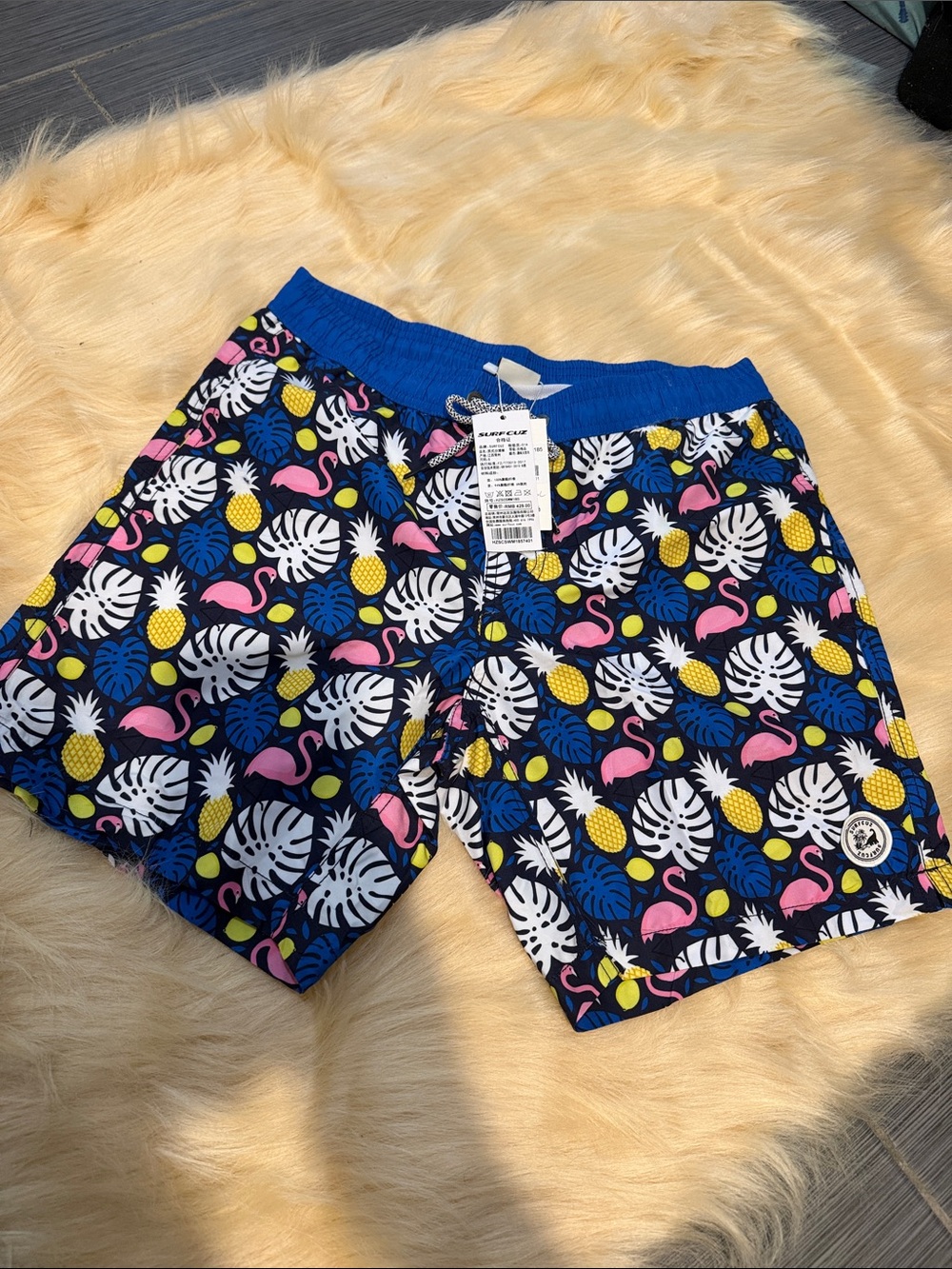 Men's Tropical Print Swim Hybrids in Navy with Blue Waistband